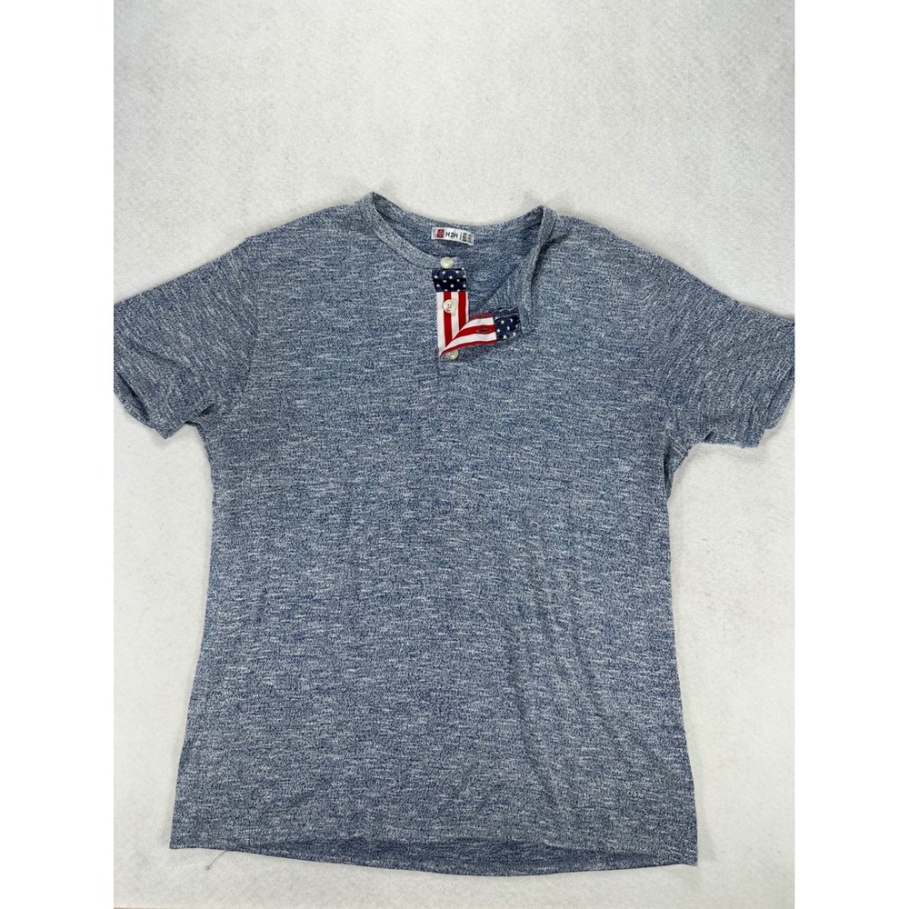 H2H Mens Henley Shirt XL Blue Marled Short Sleeve American Flag Placket Casual